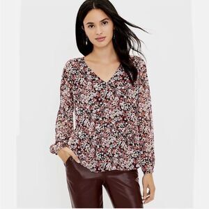 LOFT Burgundy Pink Floral V-Neck Peplum Blouse - Size L